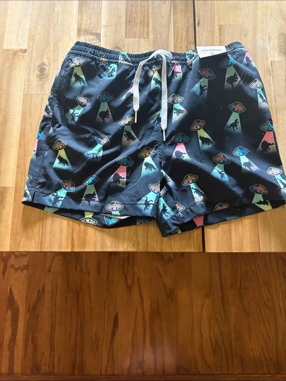 chubbies Black Swim Shorts with Mint, Pink and Teal Dino & UFO Print